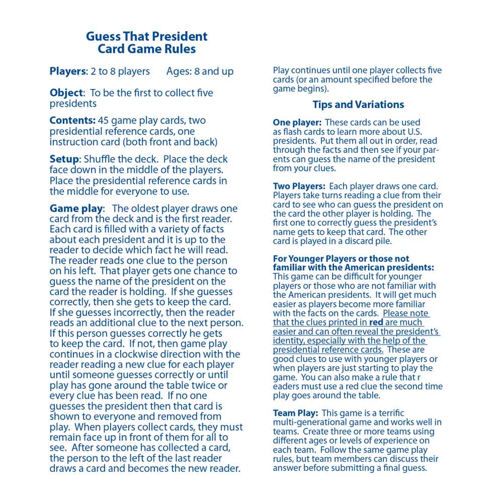 Guess That President Trivia Card Game