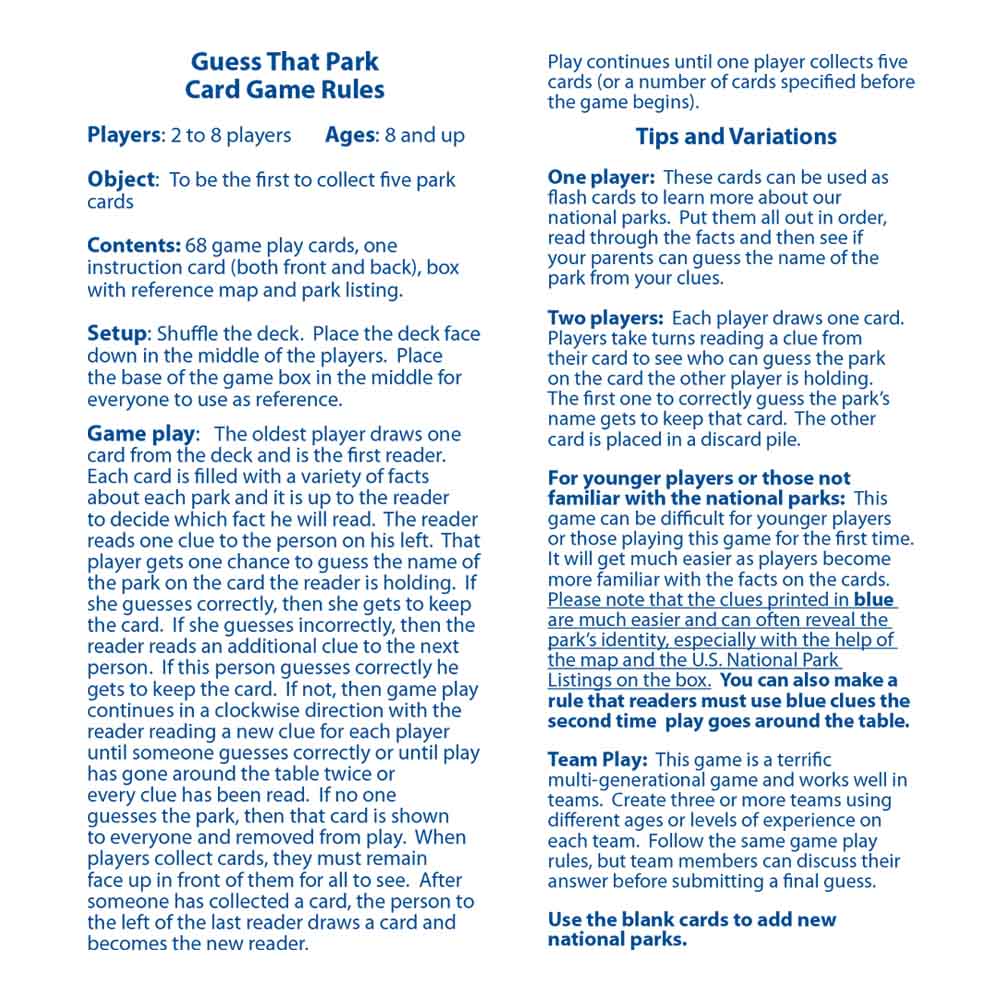 Guess That Park Trivia Card Game
